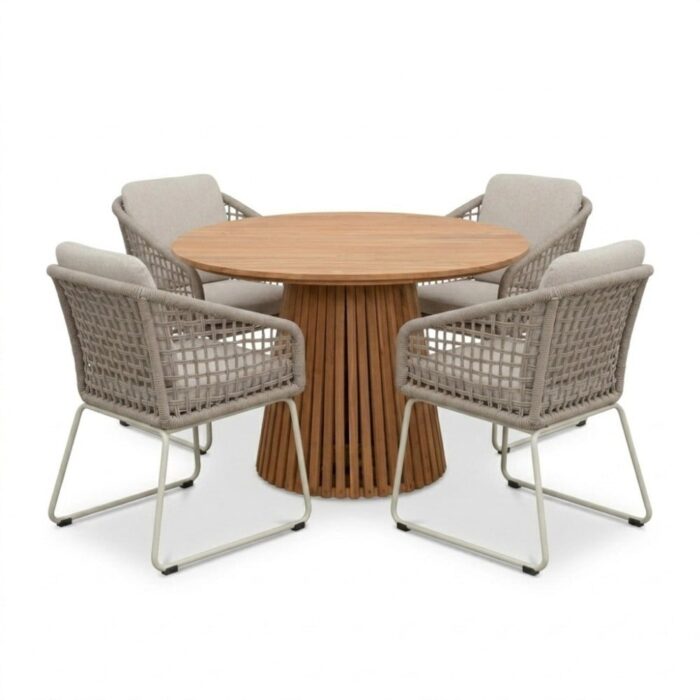 BUITEN living Palau/Tulum Almond Beige dining tuinset | 4 personen | teakhout + touw | Ø120cm