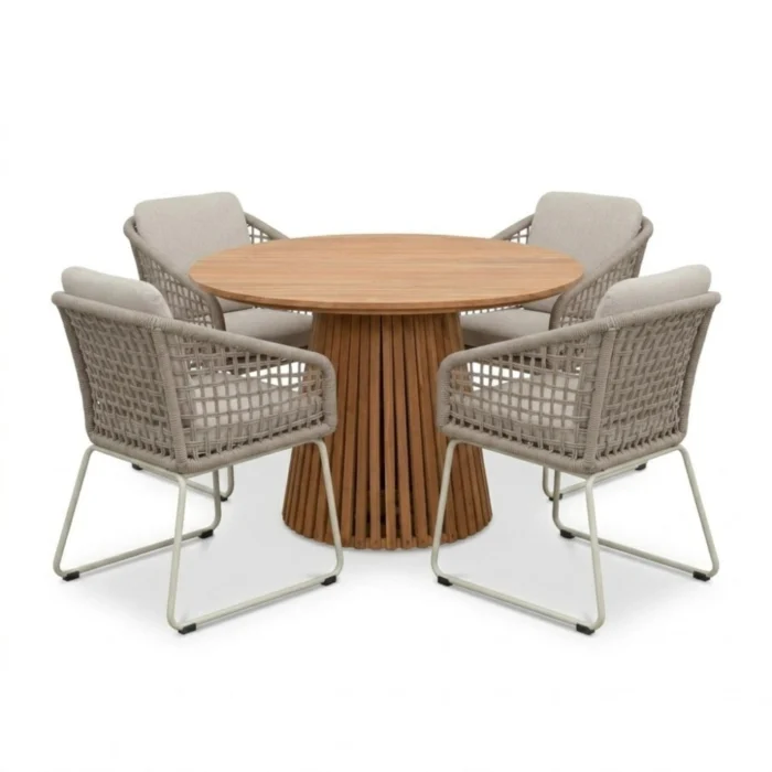 BUITEN living Palau/Tulum Almond Beige dining tuinset | 4 personen | teakhout + touw | Ø120cm