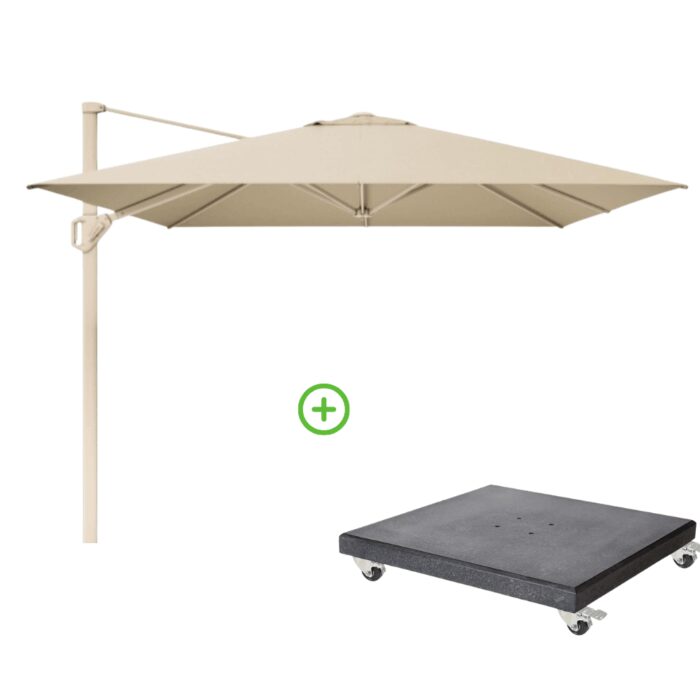 Platinum Challenger T¹ zweefparasol premium doek | 400x300cm met Modena parasolvoet 120kg | Champagne/Sandstone – Taupe – Naturel – Bruin, Beige