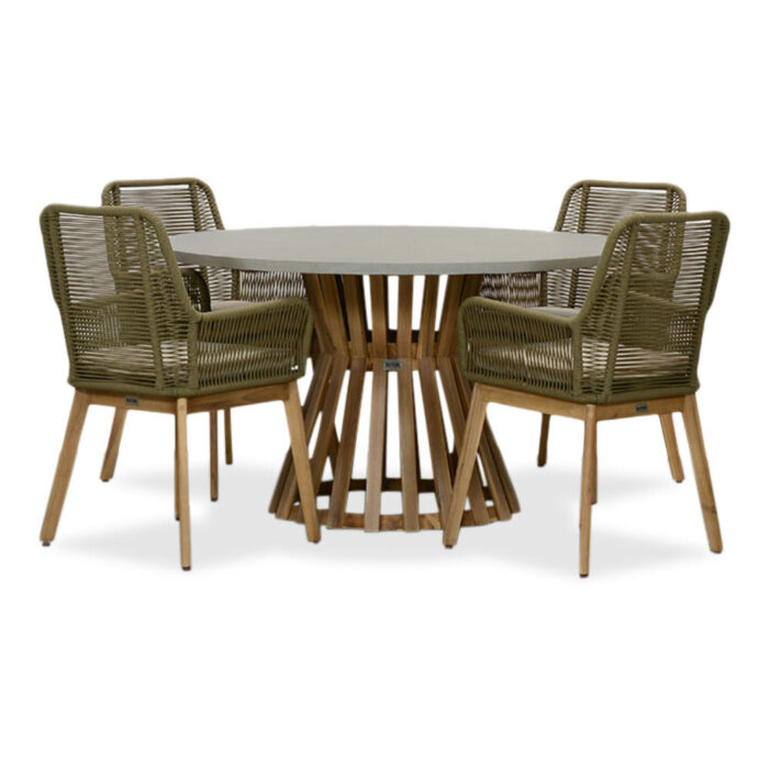 BUITEN living Elzas/Padua olijfgroen dining tuinset | 4 personen | betonlook + touw | 135cm rond – Light Teak, Olijfgroen, Betonlook