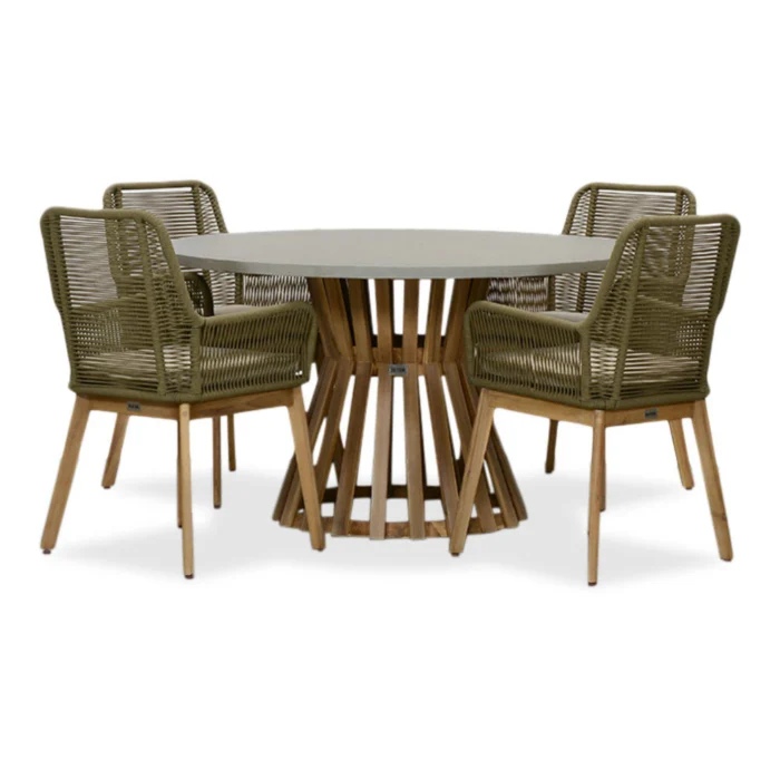 BUITEN living Elzas/Padua olijfgroen dining tuinset | 4 personen | betonlook + touw | 135cm rond - Light Teak, Olijfgroen, Betonlook