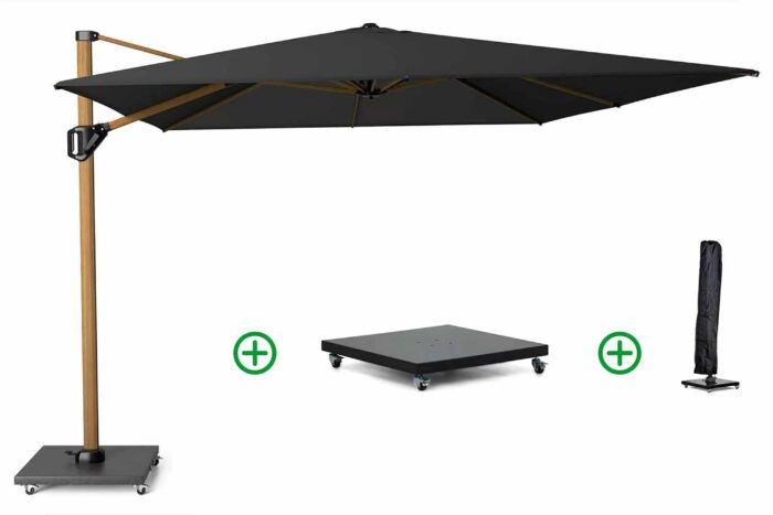 Platinum Challenger zweefparasol 3x3m T2 premium teaklook frame (incl. voet en hoes) faded black – Zwart