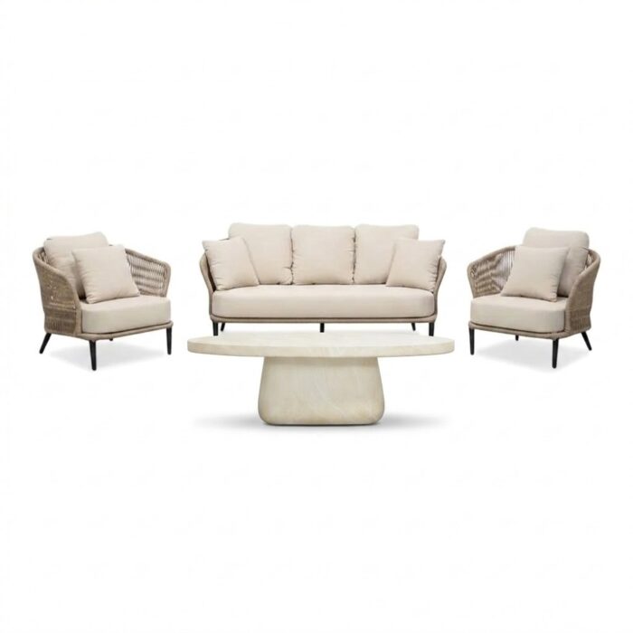 BUITEN living Palermo/Luna stoel-bank loungeset 5 personen | aluminium + touw | Sahara Dust | 4-delig – Taupe – Naturel – Bruin, Beige
