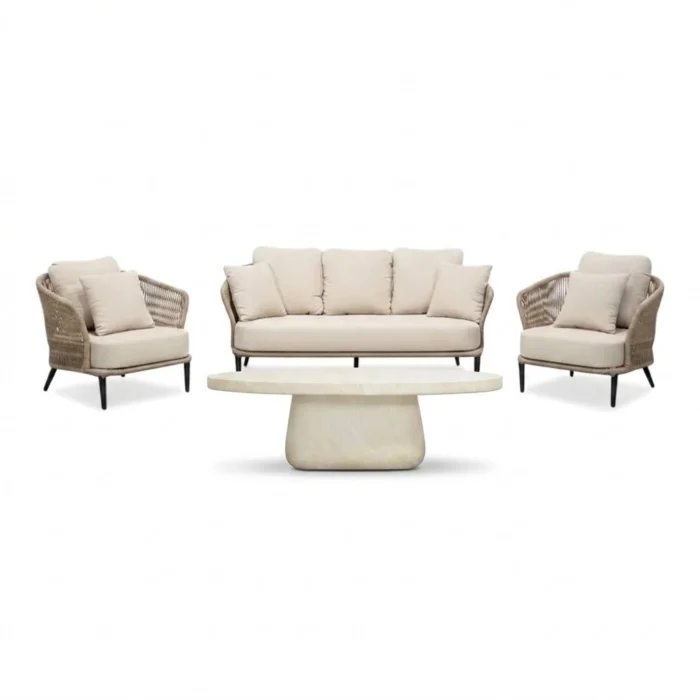BUITEN living Palermo/Luna stoel-bank loungeset 5 personen | aluminium + touw | Sahara Dust | 4-delig - Taupe - Naturel - Bruin, Beige