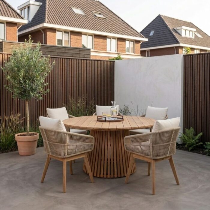 BUITEN living Palau/Bella zand dining tuinset | 5 personen | teakhout + touw | 140cm rond