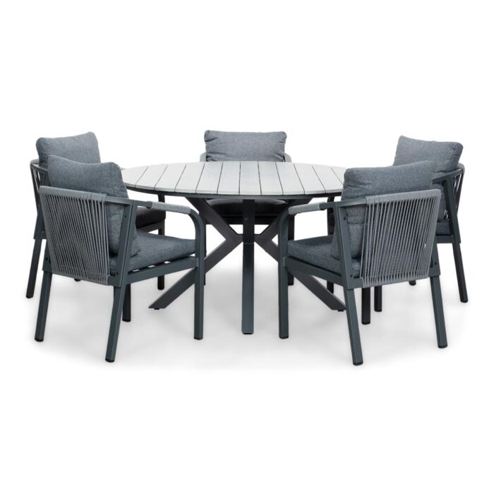 LUX outdoor living Cervo Grey/Calgary antraciet dining tuinset | 5 personen | polywood + touw | 144cm rond – Zwart, Antraciet, Grijs