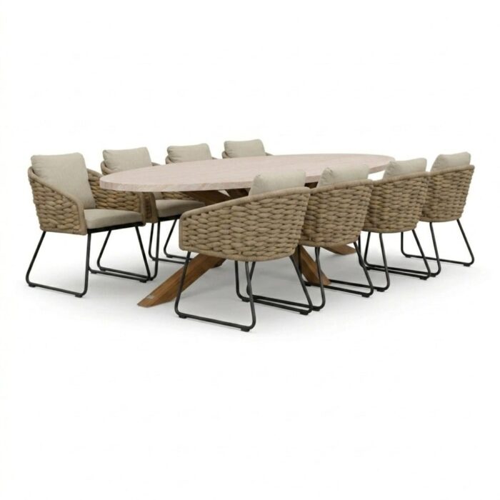 BUITEN living Lorento/Flora Sahara Dust dining tuinset | 8 personen | polystone + touw | 280cm – Travertin