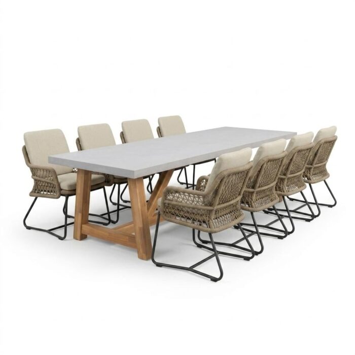 BUITEN living Veltis/Gianna Sahara Dust dining tuinset | 8 personen | polystone + touw | 300cm – Taupe – Naturel – Bruin, Beige