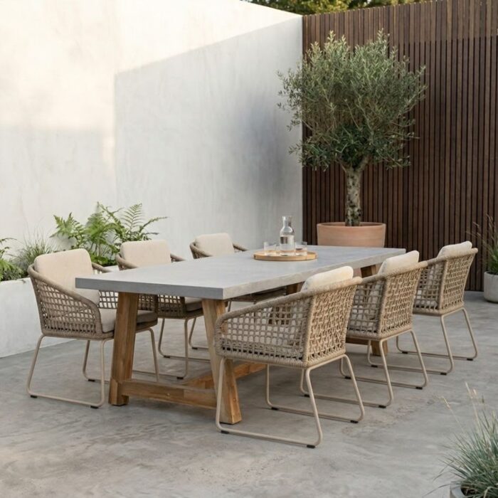 BUITEN living Veltis/Tulum Sandstone dining tuinset | 6 personen | polystone + touw | 250cm – Grijs