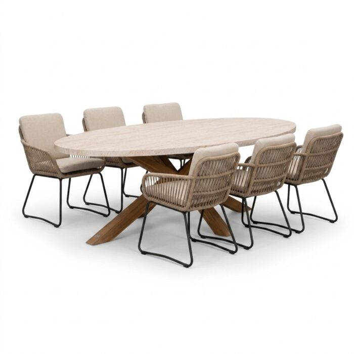 BUITEN living Lorento/Harper Sahara Dust dining tuinset | 6 personen | polystone + touw | 240cm – Travertin