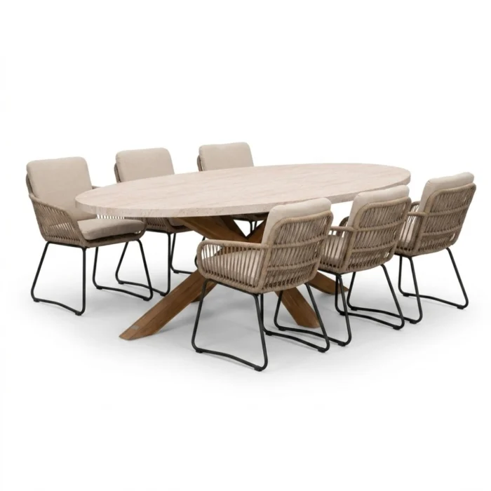 BUITEN living Lorento/Harper Sahara Dust dining tuinset | 6 personen | polystone + touw | 240cm - Travertin