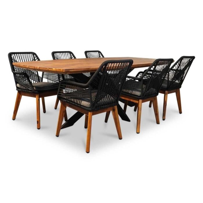 LUX outdoor living Salo/Seville zwart hout dining tuinset | 6 personen | hardhout + touw | 240cm – Grijs