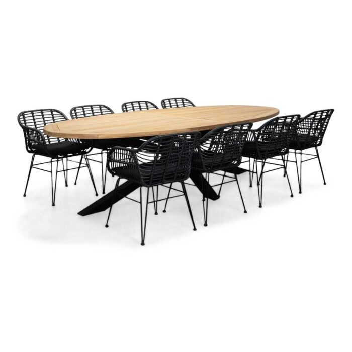 LUX outdoor living Cleve/Napels dining tuinset | 8 personen | teakhout + wicker | 280cm ovaal – Zwart