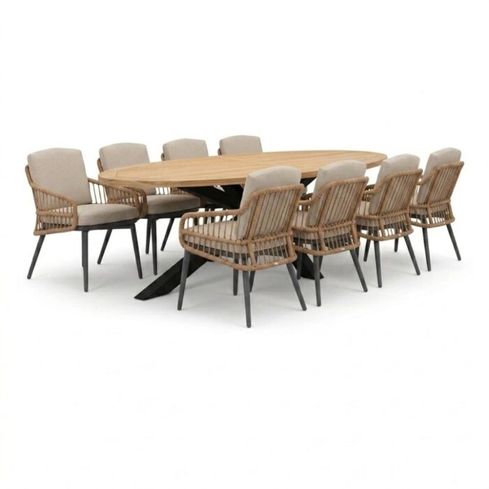 LUX outdoor living Cleve antraciet/Alicante zand dining tuinset | 8 personen | teakhout + wicker | 280cm ovaal
