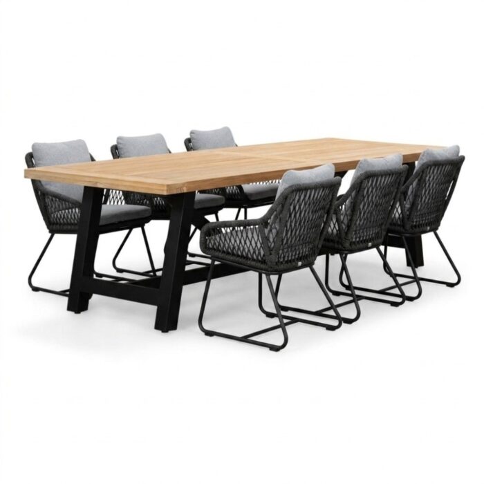 LUX outdoor living James/Portofino Stone Grey dining tuinset | 6 personen | teakhout + touw | 260cm – Natural Teak