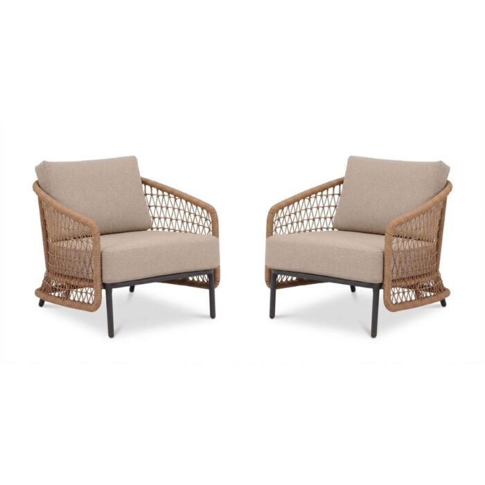 BUITEN living Vienna loungestoel tuin set van 2 | wicker + aluminium | zand – Taupe – Naturel – Bruin, Beige