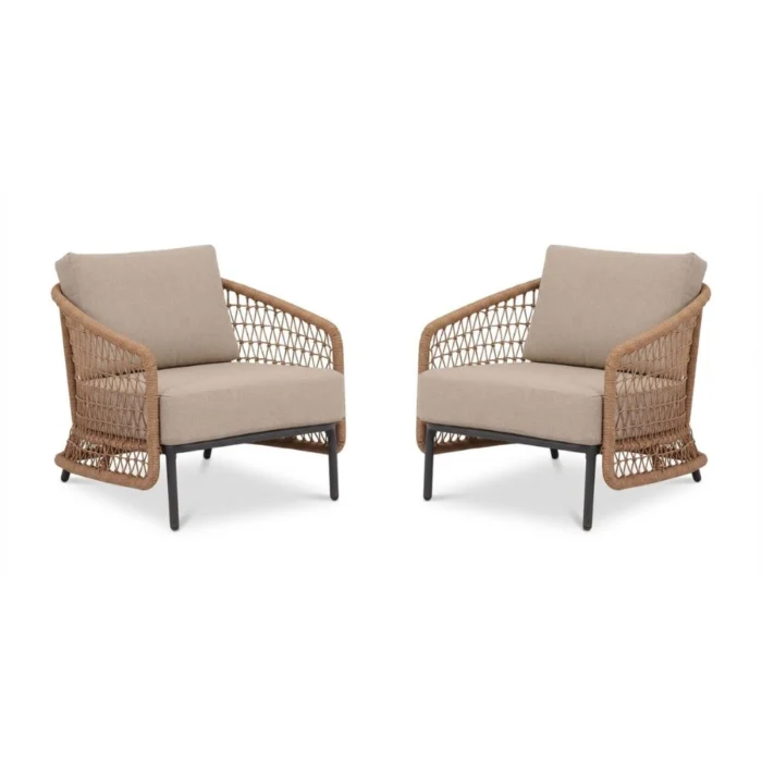 BUITEN living Vienna loungestoel tuin set van 2 | wicker + aluminium | zand - Taupe - Naturel - Bruin, Beige
