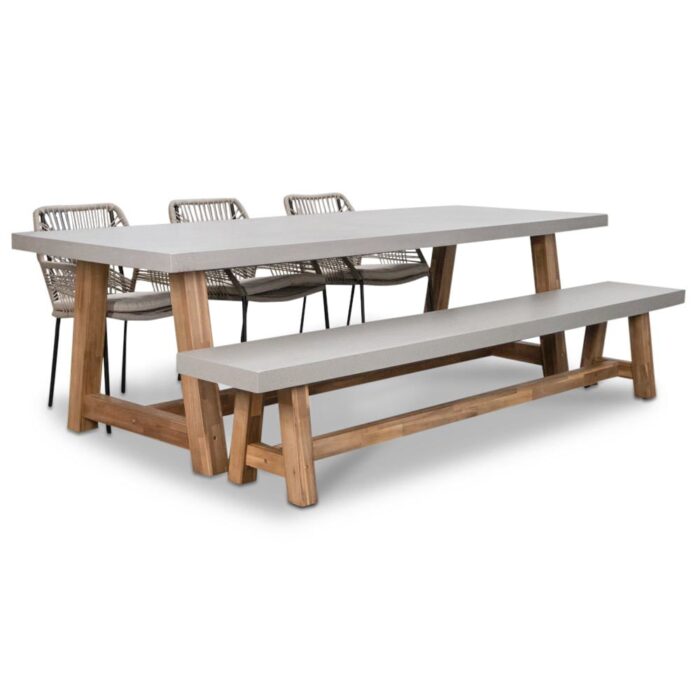 BUITEN living Veltis/Seville zand stoel-bank dining tuinset | 6 personen | betonlook | 250cm – Taupe – Naturel – Bruin, Betonlook
