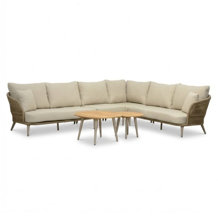 BUITEN living Palermo hoek loungeset incl. tussenelement en tafels | aluminium + touw | Sandstone | 5-delig