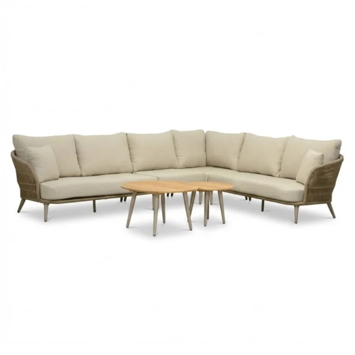 BUITEN living Palermo hoek loungeset incl. tussenelement en tafels | aluminium + touw | Sandstone | 5-delig