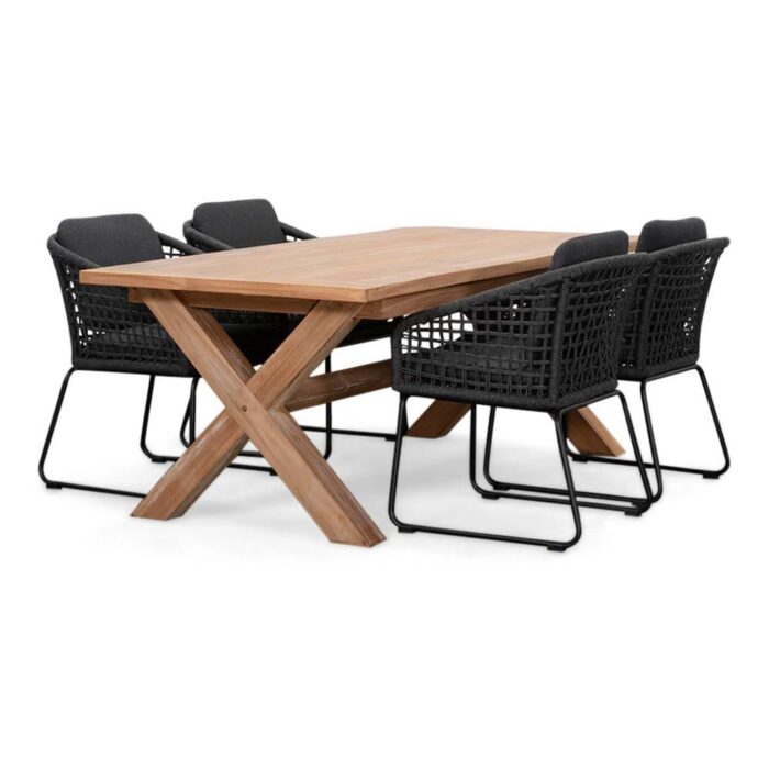 BUITEN living Riga/Tulum Lava Grey dining tuinset | 4 personen | teakhout + touw | 200cm – Grijs