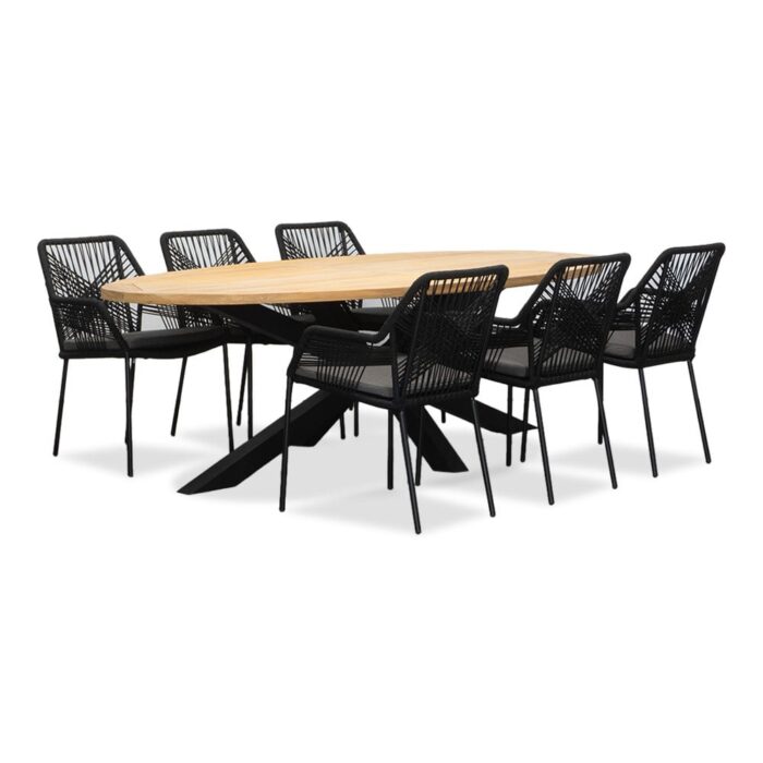 LUX outdoor living Cleve/Seville zwart dining tuinset | 6 personen | teakhout + touw | 240cm ovaal – Grijs