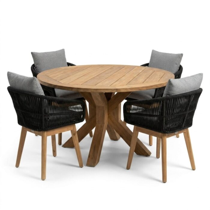 BUITEN living Genua/Bella zwart dining tuinset | 4 personen | teakhout + touw | 120cm rond