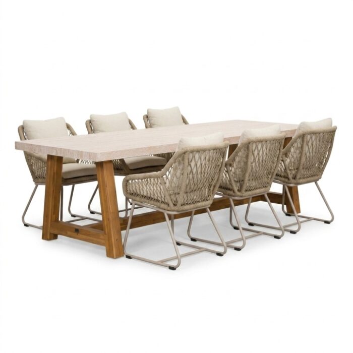 BUITEN living Velora/Portofino Sandstone dining tuinset | 6 personen | polystone + touw | 250cm – Taupe – Naturel – Bruin, Beige