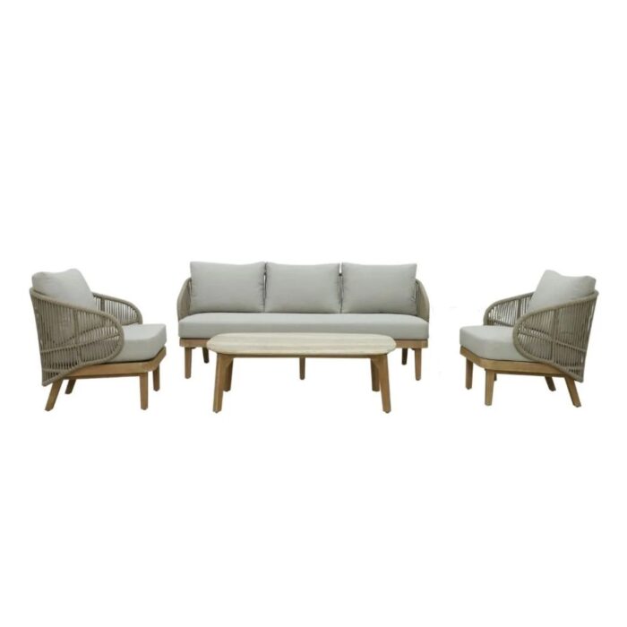 BUITEN living Matera stoel-bank loungeset 5 personen incl. tafel | eucalyptus + touw | zand/Light Teaklook | 4-delig – Taupe – Naturel – Bruin, Beige