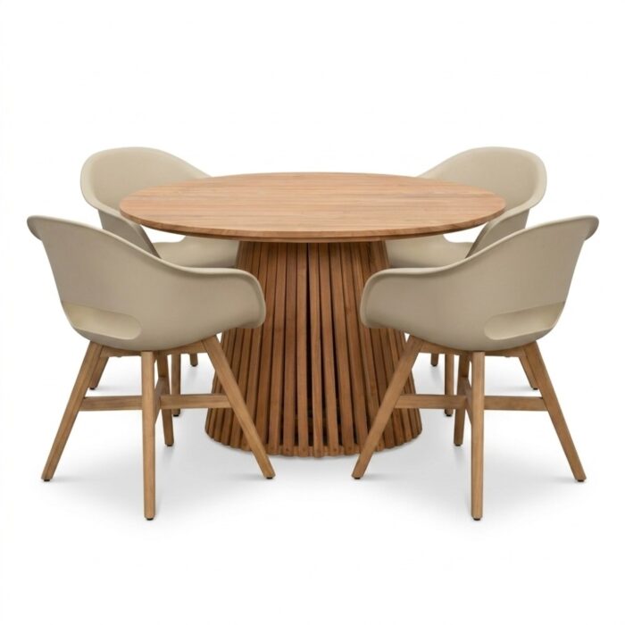 BUITEN living Palau/Karlstad beige dining tuinset | 4 personen | teakhout + kunststof | Ø120cm rond
