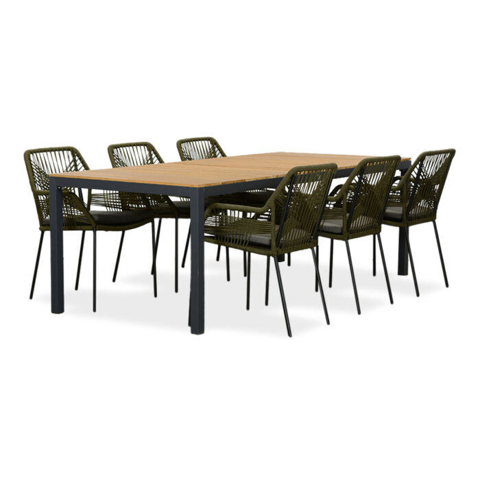 LUX outdoor living Delta/Seville olijfgroen dining tuinset | 6 personen | teakhout + aluminium | 220cm – Antraciet