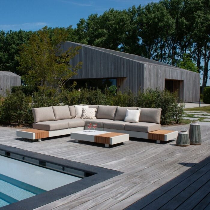 LUX outdoor living Verona hoek loungeset met all weather kussens 6 personen | aluminium + teakhout | beige | 4-delig 339x269cm