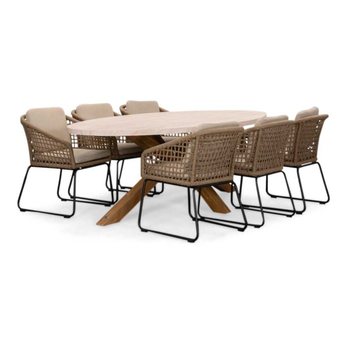 BUITEN living Lorento/Tulum Sahara Dust dining tuinset | 6 personen | travertin + touw | 240cm – Zand