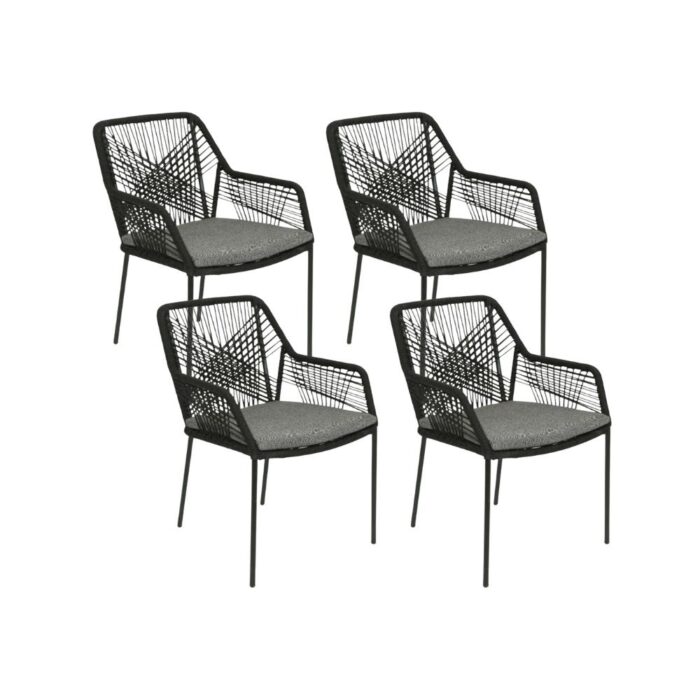 BUITEN living Seville dining tuinstoel set van 4 | touw + staal | zwart