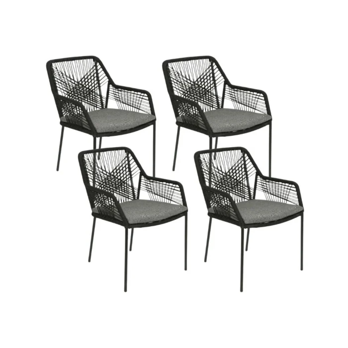 BUITEN living Seville dining tuinstoel set van 4 | touw + staal | zwart