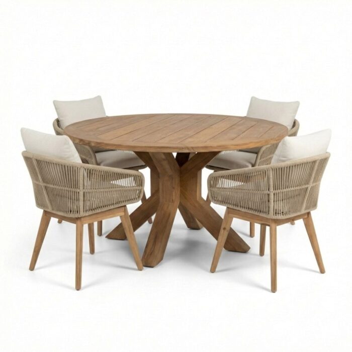 BUITEN living Genua/Bella zand dining tuinset | 4 personen | teakhout + touw | 120cm rond