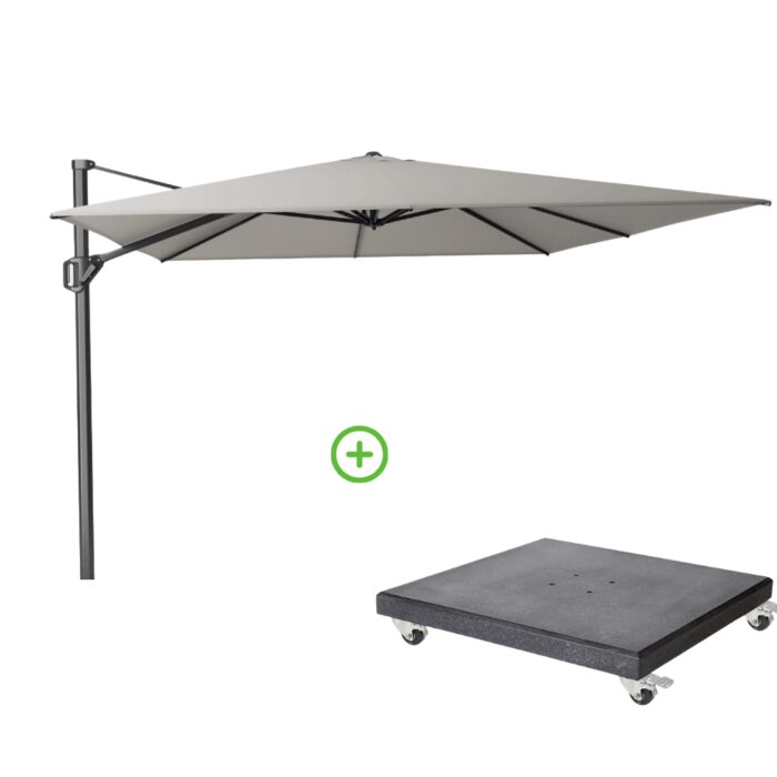 Platinum Challenger T¹ zweefparasol premium doek | 400x300cm met Modena parasolvoet 120kg | Manhattan – Grijs