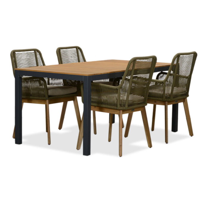 LUX outdoor living Delta/Padua olijfgroen dining tuinset | 4 personen | teakhout + touw | 160cm