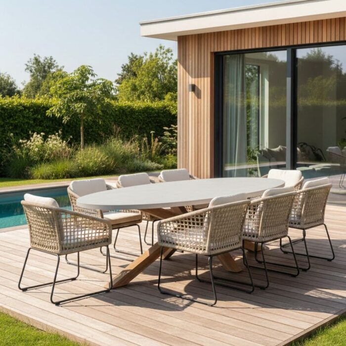 BUITEN living Livorno/Tulum Sahara Dust dining tuinset | 8 personen | betonlook + touw | 280cm ovaal – Zand