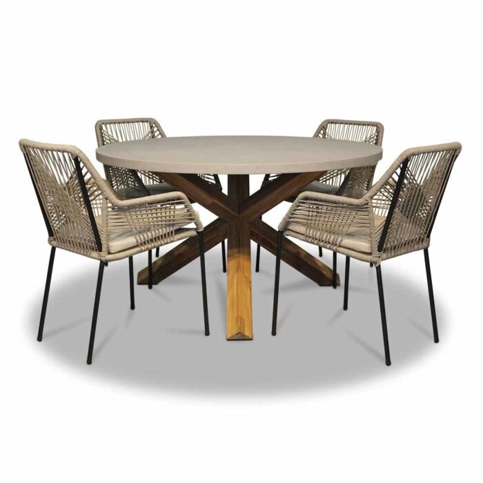 BUITEN living Nancy/Seville zand dining tuinset | 4 personen | betonlook + touw | 135cm rond – Taupe – Naturel – Bruin