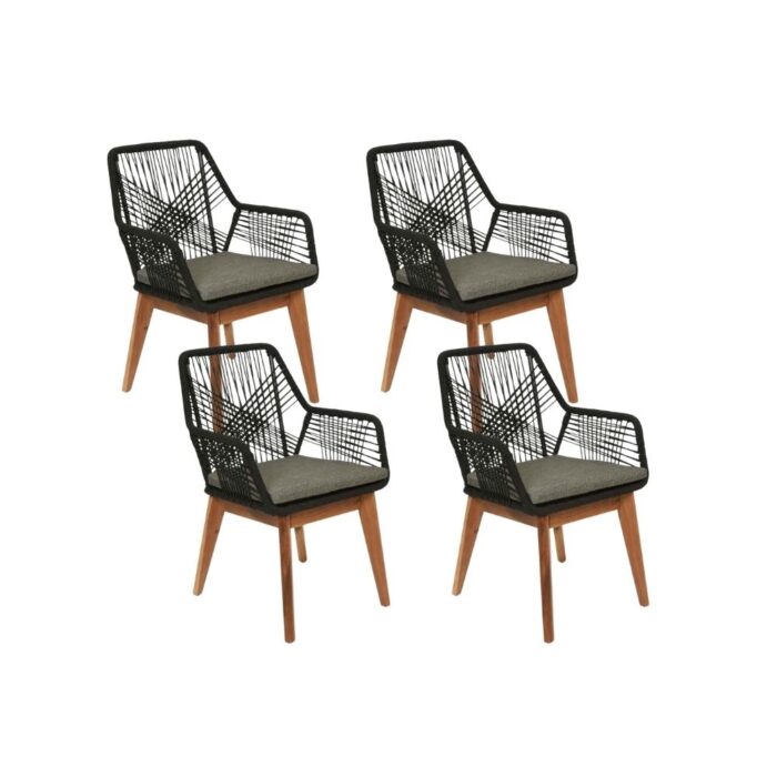 BUITEN living Seville dining tuinstoel set van 4 | touw + hardhout | zwart – Zwart, Natural Teak