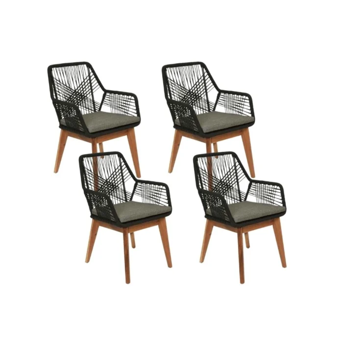 BUITEN living Seville dining tuinstoel set van 4 | touw + hardhout | zwart - Zwart, Natural Teak