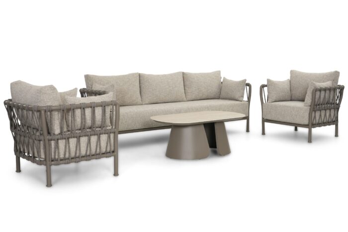 Santika Furniture Miyora stoel-bank loungeset 4-delig – Taupe-naturel-bruin