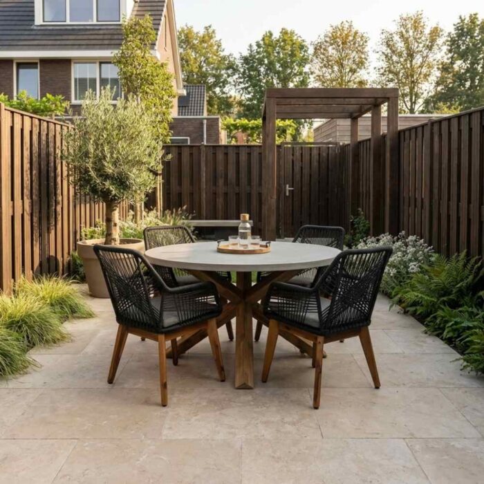 BUITEN living Nancy/Seville hout dining tuinset | 4 personen | betonlook + touw | 135cm rond – Betonlook, Zwart