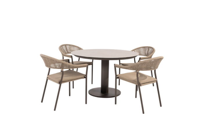 Taste Sienna diningset met Sarah tafel terre printed keramiek rond dia. 120 cm