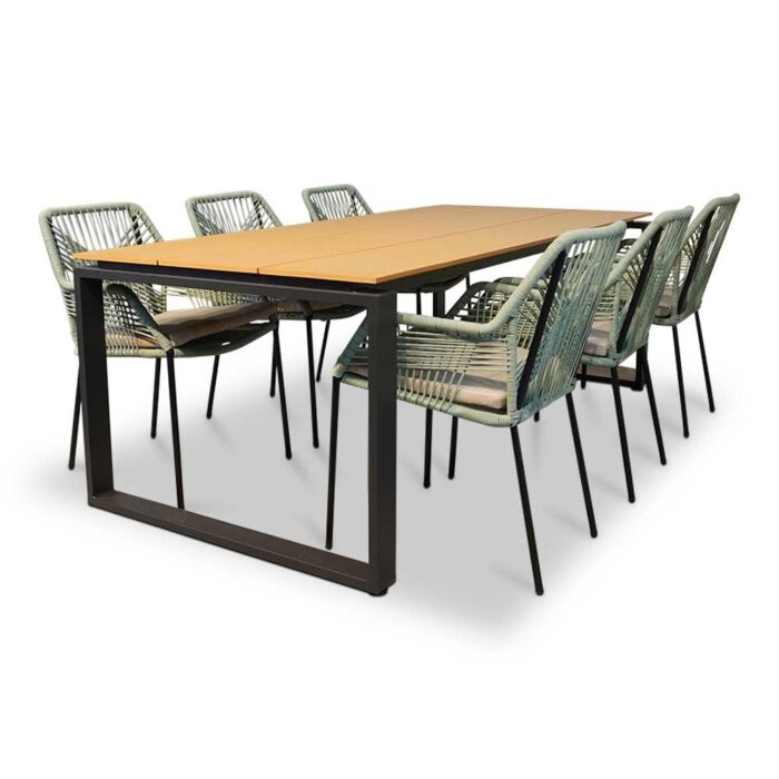 LUX outdoor living Helsinki Natural/Seville mint dining tuinset | 6 personen | polywood + touw | 210cm – Light Teak, Groen