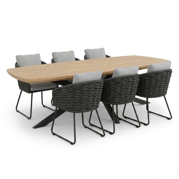 LUX outdoor living Salo/Flora Stone Grey dining tuinset | 6 personen | hardhout + touw | 240cm Deens – Grijs
