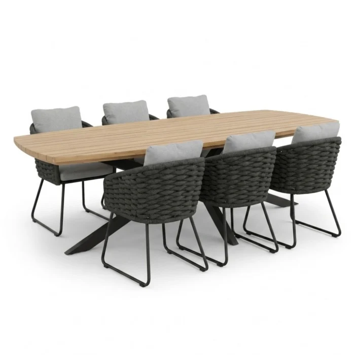 LUX outdoor living Salo/Flora Stone Grey dining tuinset | 6 personen | hardhout + touw | 240cm Deens - Grijs