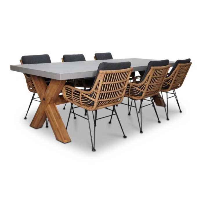 BUITEN living Norwich/Carlos dining tuinset | 6 personen | betonlook + wicker | 250cm – Taupe – Naturel – Bruin, Betonlook