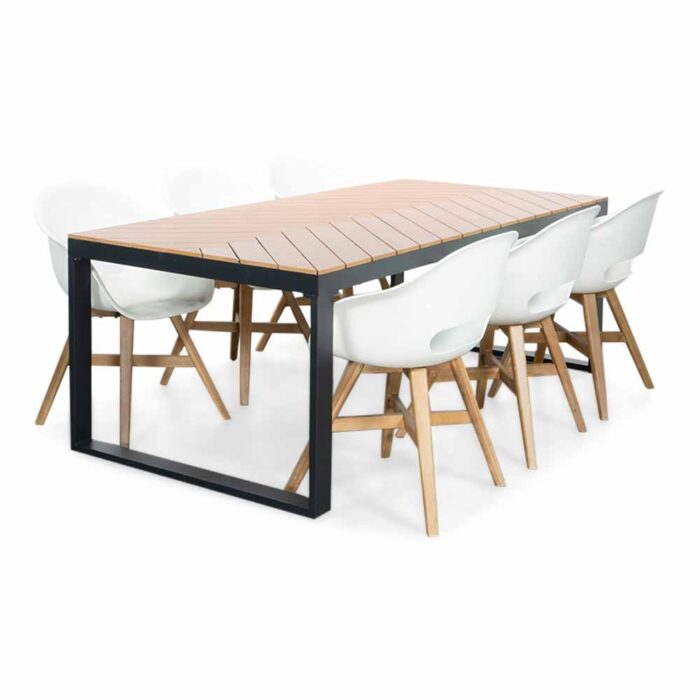 LUX outdoor living Kampa Natural/Karlstad wit dining tuinset | 6 personen | polywood + kunststof | 210cm – Taupe – Naturel – Bruin, Wit